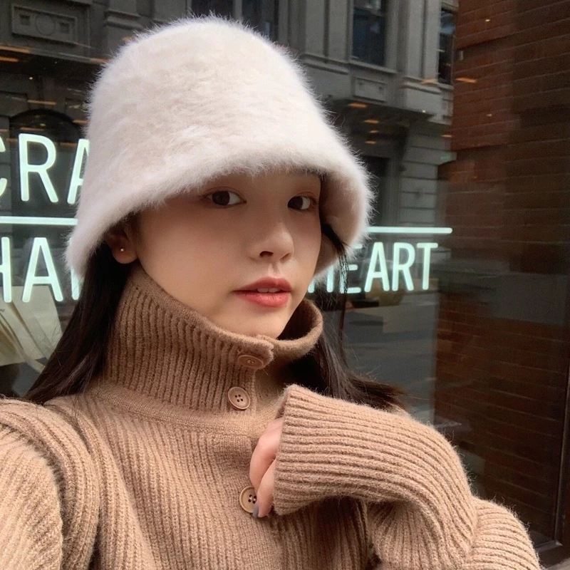 Mũ len lông vành nhỏ cực xinh phong cách Hàn Quốc vành ngắn lông thỏ nhân tạo chống lạnh giữ ấm mùa đông màu đặc