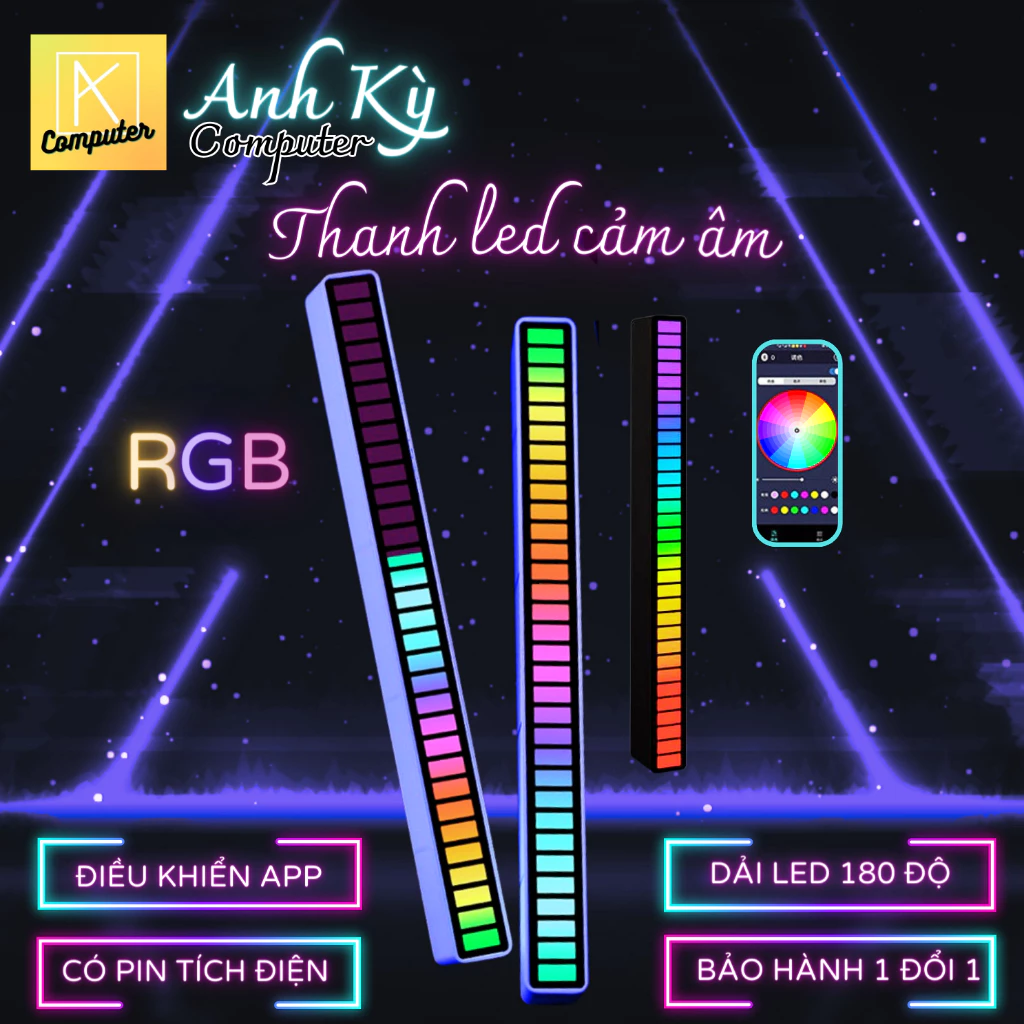 Thanh đèn Led 3D RGB nháy theo nhạc, có pin rời, có chân đế trang trí bàn làm việc, PC, phòng ngủ - Anh Kỳ Computer