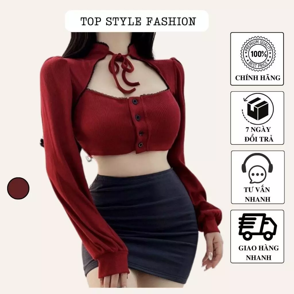 Áo croptop dài tay phồng cổ thắt dây nơ mùa Noel gợi cảm, áo kiểu nữ ôm body khoét ngực đính nút gợi cảm-ATD62