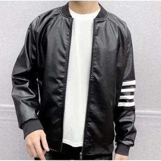 Áo Khoác Da Nam Thom Browne Bomber Jacket Thêu 4 Sọc Trắng Tay Lót Gió Bo Chun Dày Dặn Sang Trọng