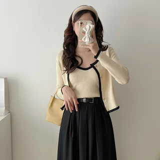 (Sẵn) Set Áo Hai Dây + Áo Khoác Cardigan Dệt Kim Dáng Rộng