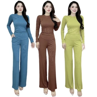 S12 Set Bộ Cổ Tròn Trơn Dài Tay Nhún Eo Quần Suông - Màu : Đen, Xanh, Nâu, Cam, Xám- Size: M, L, XL