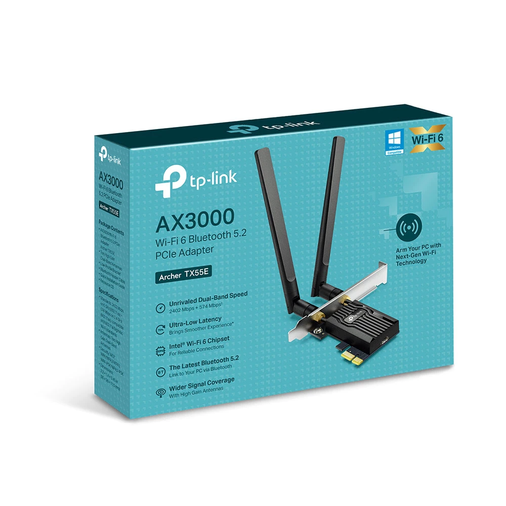 Cạc mạng không dây TP-Link PCI-E Archer TX55E (Chuẩn AX/ AX3000Mbps/ 2 Ăng-ten ngoài/ Bluetooth)