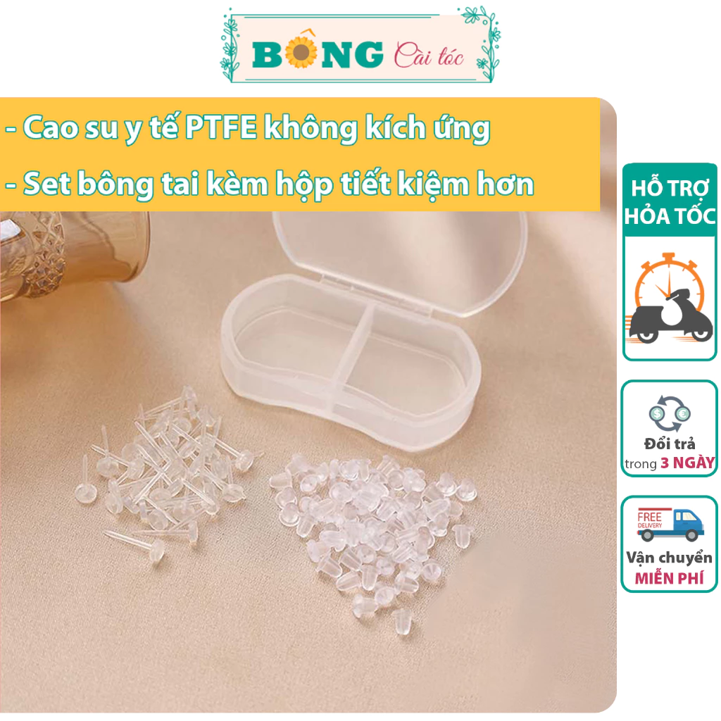 Set kèm hộp bông tai nhựa y tế trong suốt hình tròn giữ lỗ, không gây kích ứng BT120 - khuyên tai BÔNG Cài Tóc