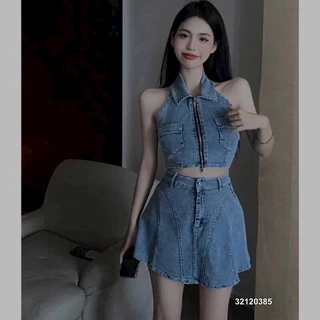 Set Váy nữ Áo croptop jean sát nách lưng chun cổ bẻ, có dây kéo sexy cho các nàng