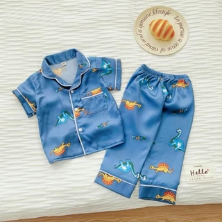 Bộ Pijama lụa Cộc Tay In Khủng Long cho bé, Bộ đồ ngủ dài tay cho bé trai và bé gái từ 8-27kg