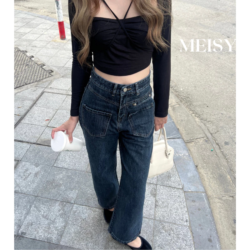 Quần jeans bò ống rộng nữ Meisy không co giãn màu đen than màu xanh nhạt phong cách Hàn Quốc