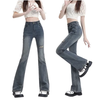 Quần jeans nữ ống loe cạp cao,chất bò co giãn rách đùi