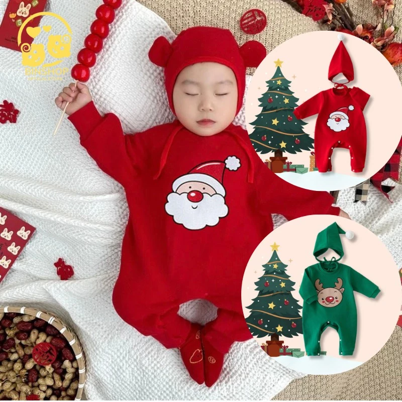 [Kèm mũ] Bodysuit cho bé chất Cotton Hình Noel dễ thương, Bộ thu đông cho bé gái bé trai, Mẫu quần áo sơ sinh 0-12M