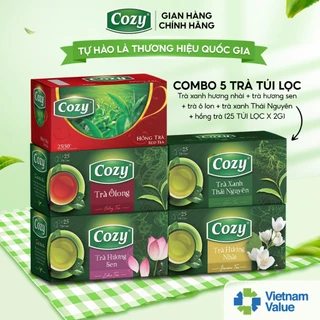 Combo 5 Hộp Trà Túi Lọc COZY Mix Vị Trà Đào Túi Lọc, Trà Ô Long, Trà Sen, Trà Vải, Trà Xanh Hương Nhài, Trà Dâu, Trà Táo