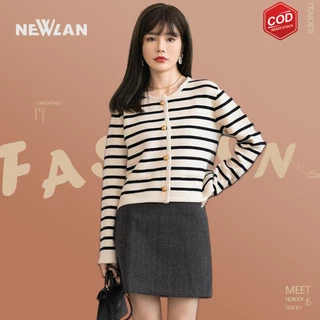 Newlan WT018 Cardigan len nữ cổ tròn kẻ ngang cúc vừa siêu dày ấm Áo khoác cúc đồng dáng ngắn len dày mịn cố tròn tông