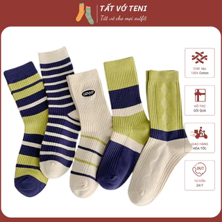 Vớ Tất Cổ Cao Nam Nữ Unisex Chất Liệu Cotton Co Giãn Họa Tiết Sọc Ngang Basic Phong Cách Hàn Quốc - TENI - Mã TL085