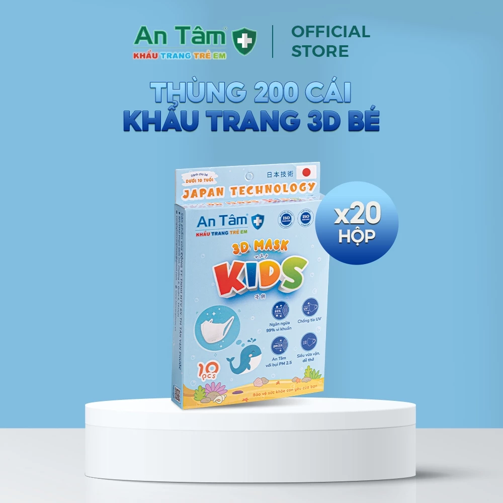 Thùng 200 cái - Khẩu trang y tế 3D Nhật Bản cho bé kháng khuẩn, chống tia UV - Chính Hãng AN TÂM