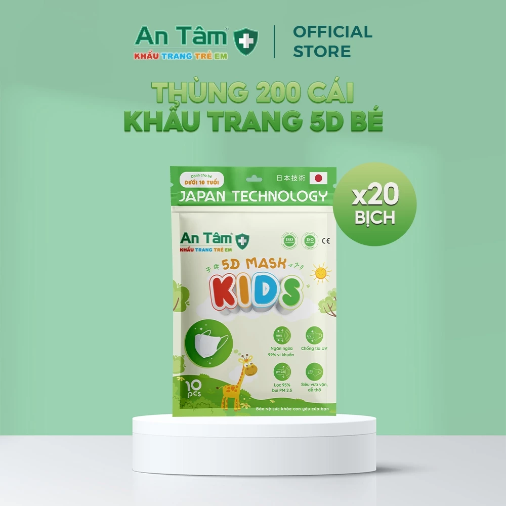 Thùng 200 cái - Khẩu trang y tế 5D cho bé 3 lớp Vải Không Dệt & Giấy Kháng Khuẩn - Chính Hãng AN TÂM - Túi 10 cái