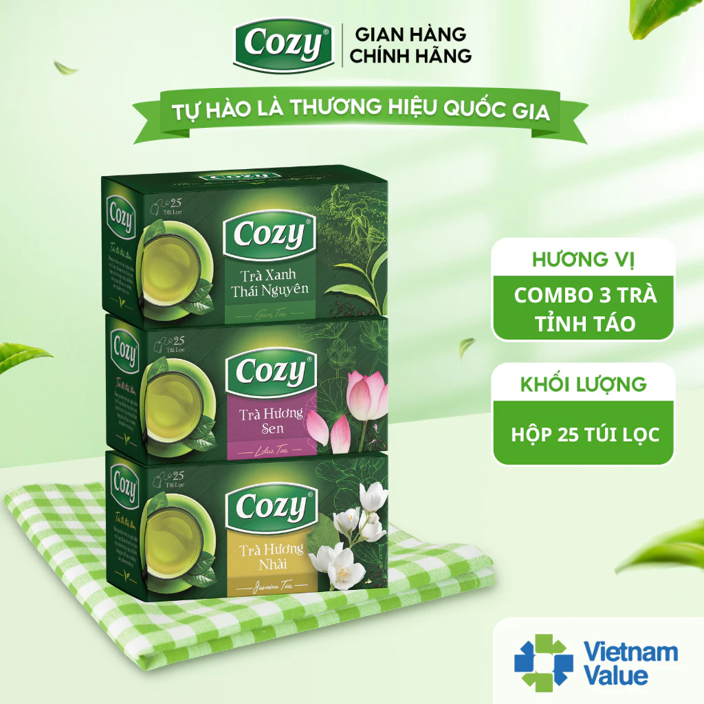 Combo Giúp Tinh Thần Tỉnh Táo Trà Túi Lọc Cozy: Trà Nhài x Trà Xanh Thái Nguyên x Trà Sen