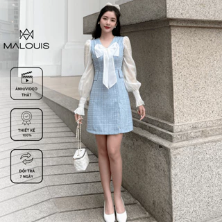 Váy dạ tweed phối voan tay dài bo chun, nơ trước ngực - M116 - Malouis