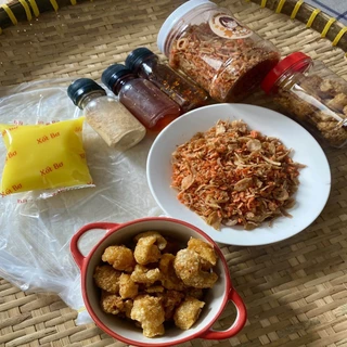 [69k 7 món] Bánh tráng phơi sương 150gr, muối ruốc hành phi 100gr, 100gr bơ,tóp mỡ, sốt tắc, ớt rim, muối sặc