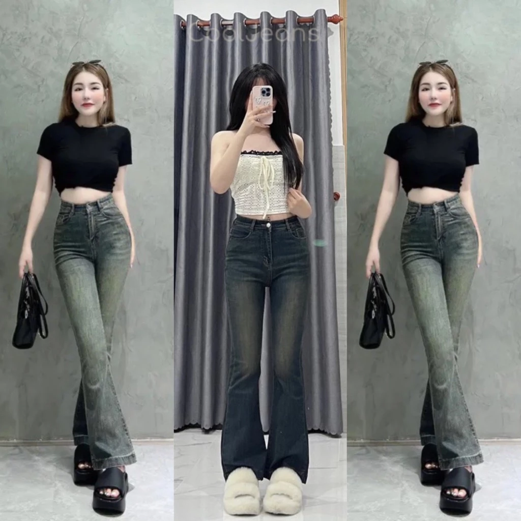 Quần jeans nữ ống loe,quan bò lưng cao ống vẩy,chất jean co giãn