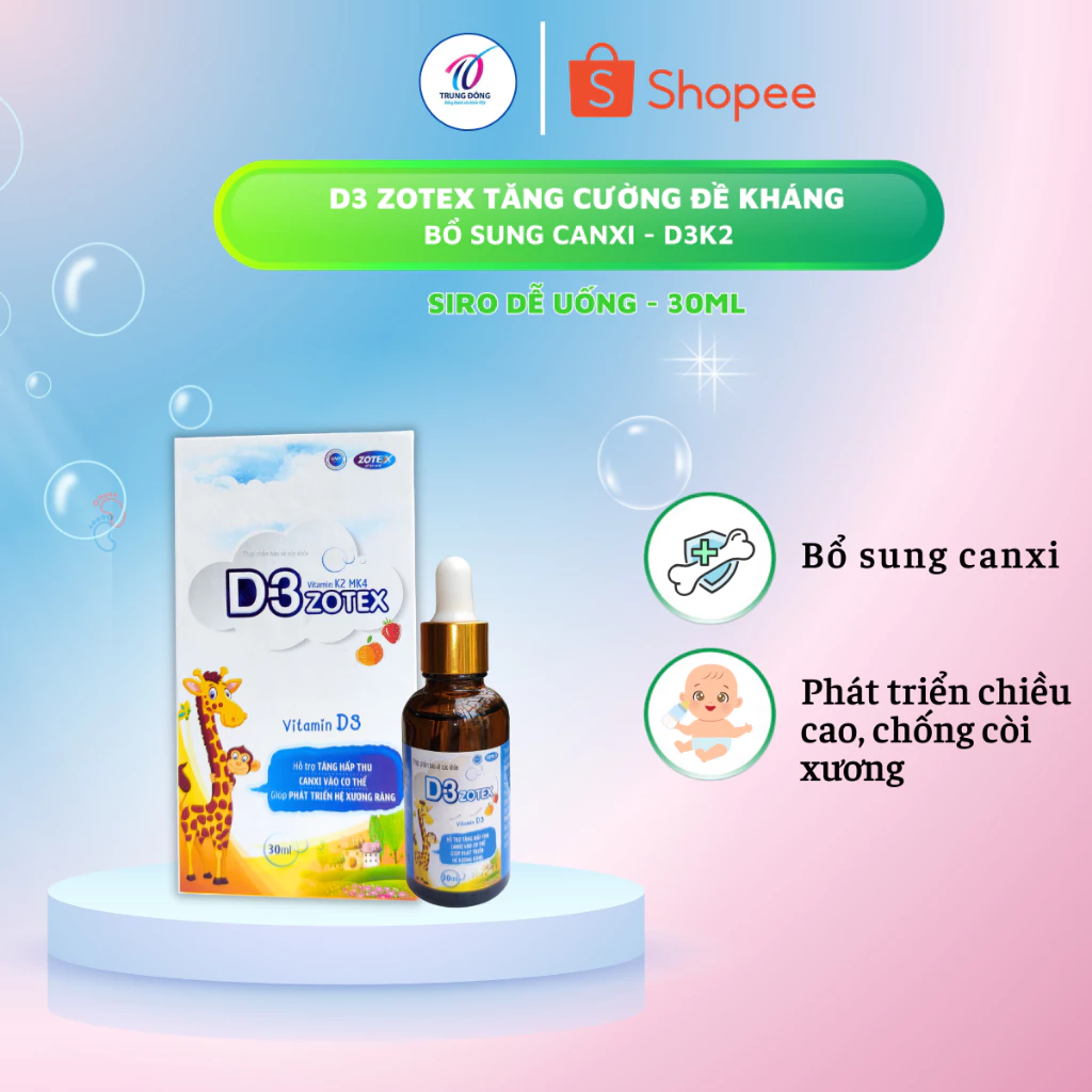 Vitamin D3 K2 MK4 Zotex Tăng cường khả năng hấp thu canxi cho bé dạng nhỏ giọt dễ dùng lọ 30ml