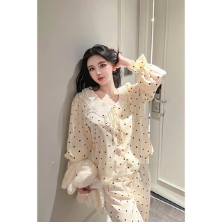 [𝐑𝐞̉ 𝐯𝐨̂ đ𝐢̣𝐜𝐡] Sét đồ ngủ pijama hoạ tiết chấm bi thiết kế tiểu thư nút ngọc xinh xỉu- lụa latin mềm mịn mát