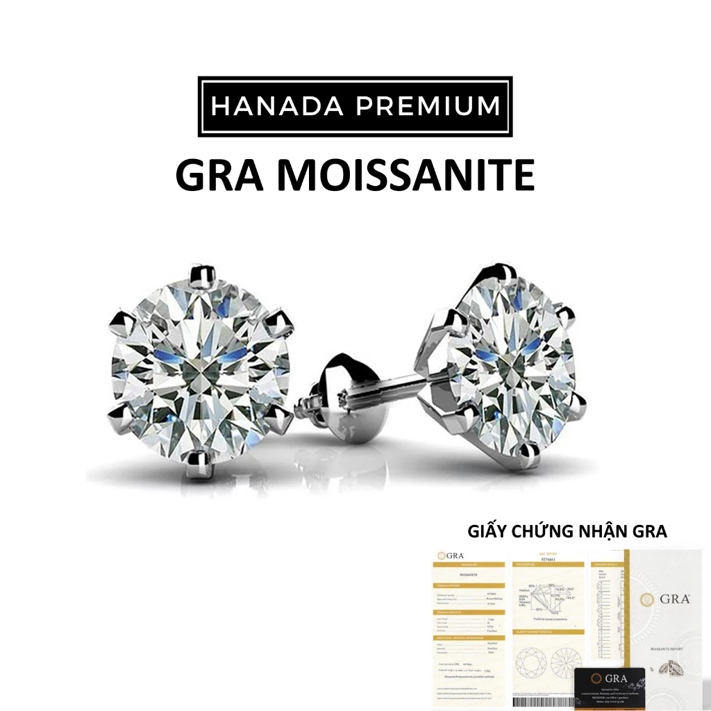 Bông Tai Hanada Đá Moissanite 5MM Bạc 925 Phủ Bạch Kim Không Đen Không Mờ Nam Nữ 1166