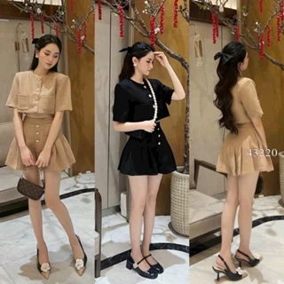 Set đồ thời trang nữ, áo cổ tròn crt tay ngắn cài nút kèm quần short xếp li lưng cao chất dày dặn