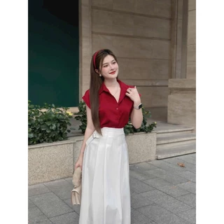 Set váy nữ áp sơ mi lụa tay ngắn kèm chân váy cotton lạnh xếp ly xòe (có lót) set váy công sở công việc, đi chơi