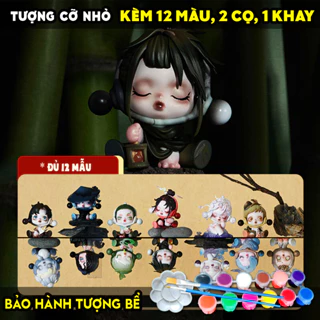 Tượng tô màu, FULL BỘ 13 SKULLPANDA HOA MẬN MỰC KÈM 12 MÀU 2 CỌ 1 KHAY, size S, tô tượng thạch cao