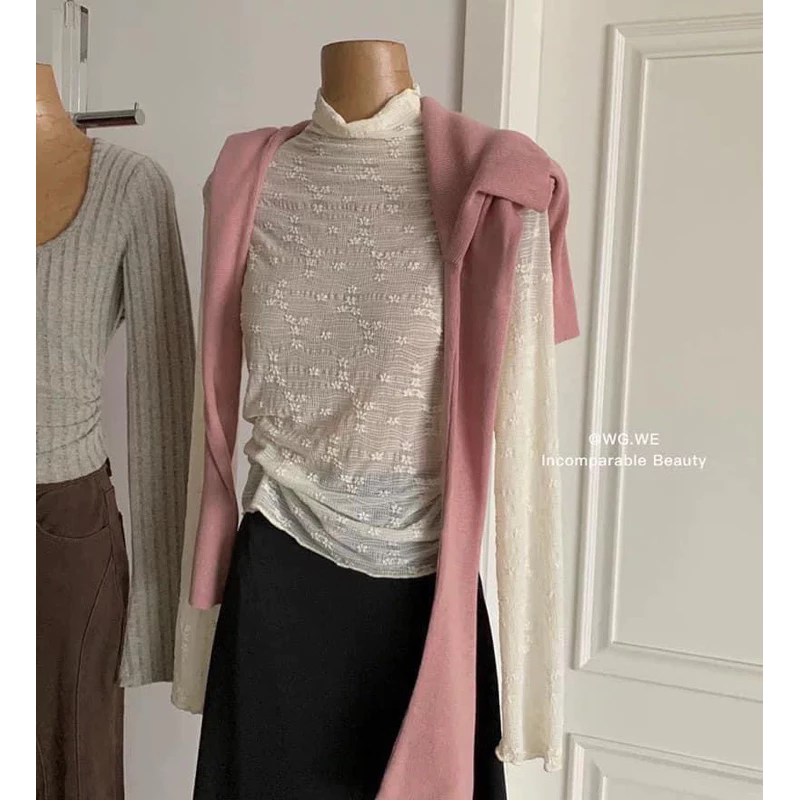 Áo Giữ Nhiệt Vân Hoa Style Hàn Quốc (Quảng Châu loại 1) Áo Lưới Cổ Cao Giữ Nhiệt Hoa Nhí Kem Be