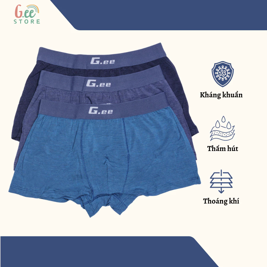 Quần lót Nam màu Tím Than, Hộp 3 quần sịp đùi nam vải sợi tre, sỗ sồi mềm mại, thấm hút thoáng mát