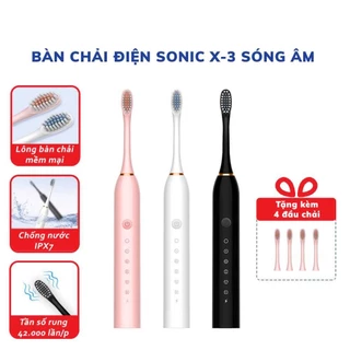 Bàn Chải Điện Đa Năng Bàn Chải Điện Đánh Răng Sonic X-3 Sóng Âm Lông Mềm Tặng Kèm 4 Đầu Thay Thế Vệ Sinh Răng Miệng