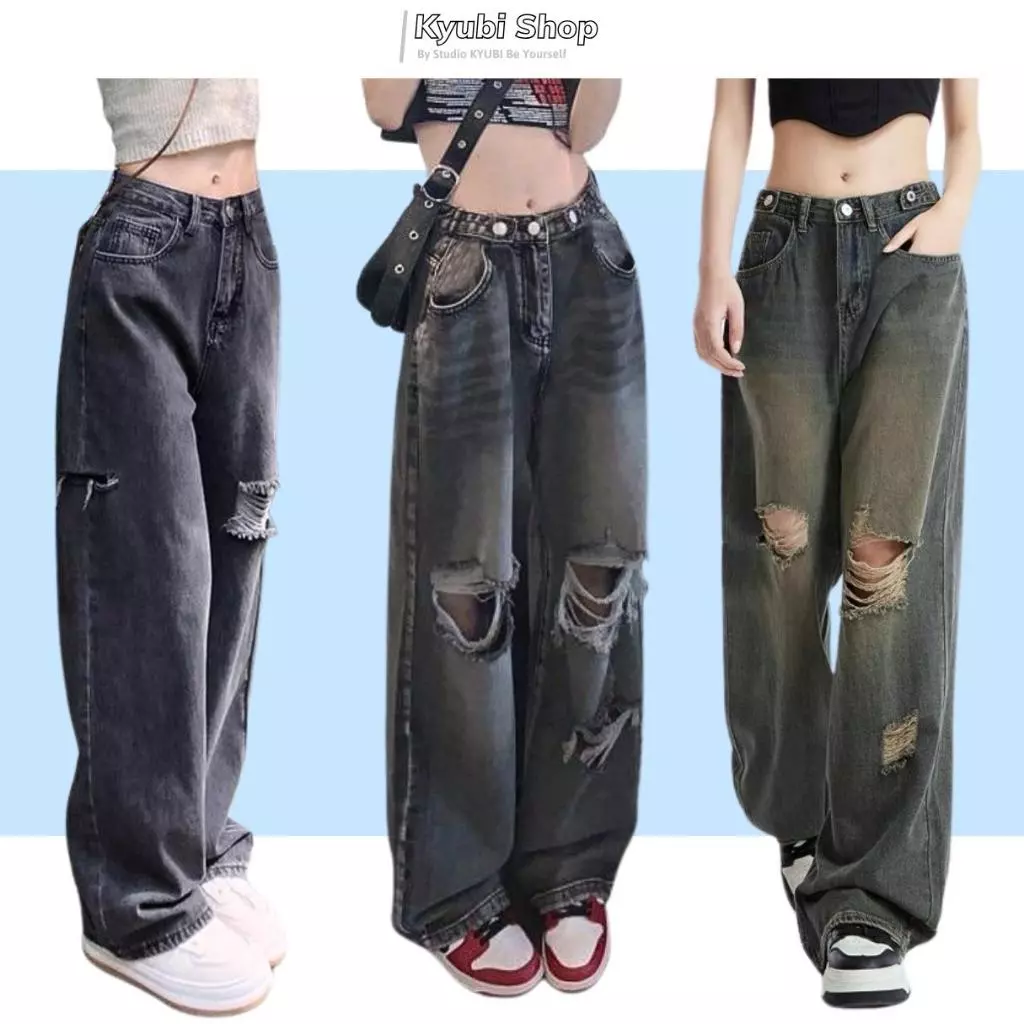 Quần jeans Nữ Lưng Cao Ống Rộng Rách Gối YOYO Thời Trang Hàn Quốc - Jeans suông mài rách Retro KYUBI GW162