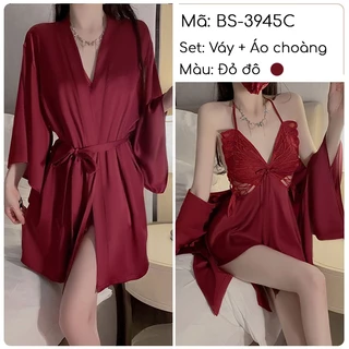 Váy ngủ lụa hở lưng nơ ngực kèm đệm mút nâng ngực BS-3945