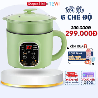 Nồi Lẩu Điện Mini Đa Năng 6 Chế Độ Công Suất 600W Chống Dính Vân Đá, Nồi Lẩu 2 Tầng Chiên xào, Hấp, Lẩu, Nấu Cơm 1.5L