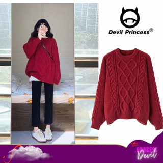 Áo len đỏ nữ cổ tròn dáng rộng dệt kim dày ấm DELIZ form rộng phối đồ siêu xinh Devil Princess