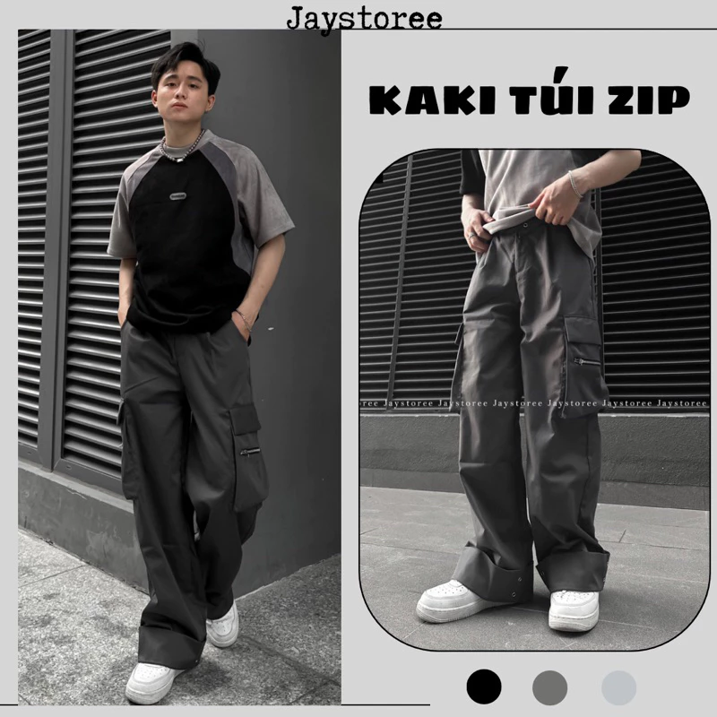 Quần Kaki TÚI ZIP Phong Cách Đường Phố Cá Tính 🖤 Quần Dài Ống Rộng Đóng Nút style Ulzzang 🖤
