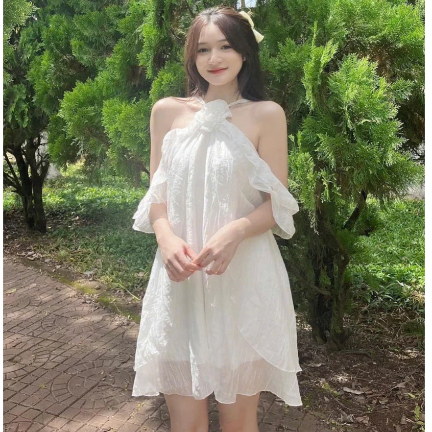 Đầm cổ yếm rớt vai, váy voan tơ hở vai thiết kế dáng babydoll cách điệu cho nàng đi tiệc, đi biển xinh xắn tiểu thư- MP