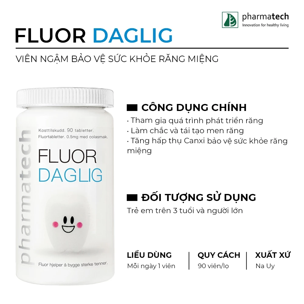 Viên ngậm bảo vệ sức khỏe răng miệng Pharmatech Fluor Daglig Lọ 90 viên