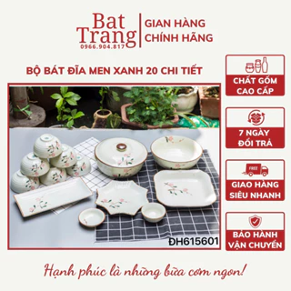 Bộ bát đĩa men kem Bát Tràng, bộ bát ăn cơm gia đình cao cấp họa tiết đào hồng - hàng có bảo hành