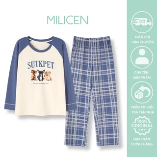 Đồ bộ mặc nhà Pijama cotton cao cấp MILICEN họa tiết cún, quần kẻ karo PJ_1027