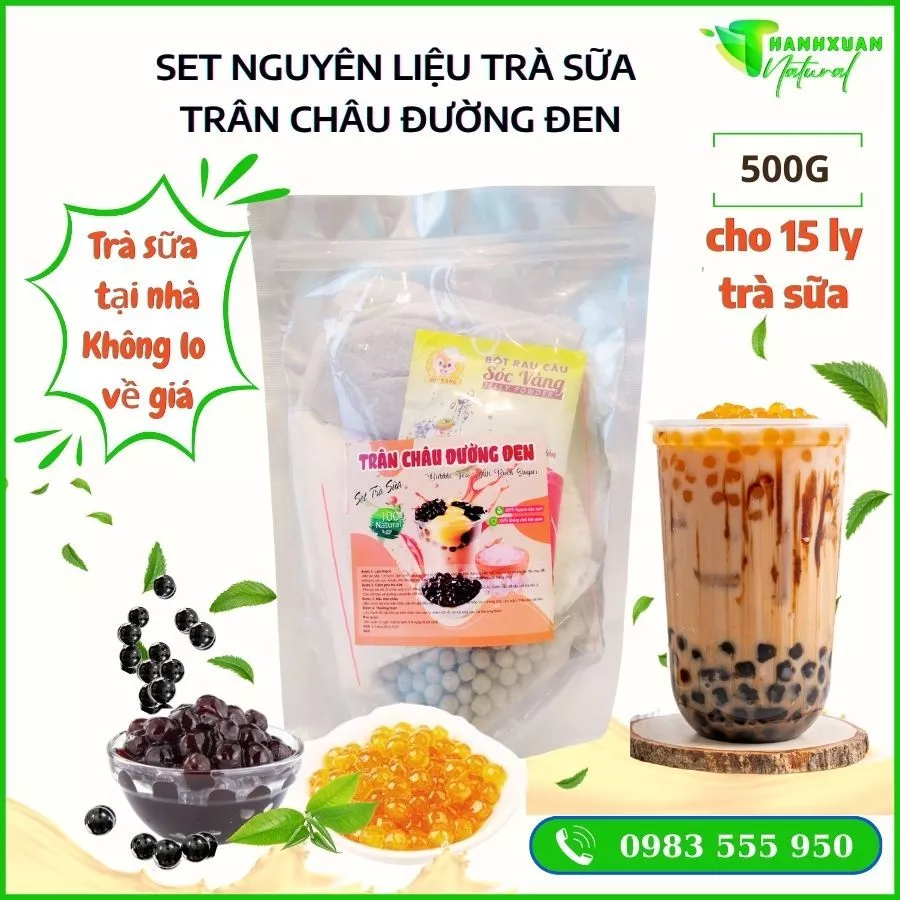 Set trà sữa trân châu đường đen, nguyên liệu nấu trà sữa tự pha tại nhà, siêu ngon, gói 500g nấu được 15 ly