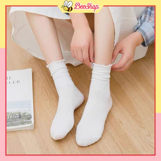 Vớ Nữ Cao Cổ, Tất Nữ Cổ Bèo, Trắng Trơn - Style Hàn Quốc Dễ Thương Cute Chất Liệu Mềm Mịn - Bee Shop