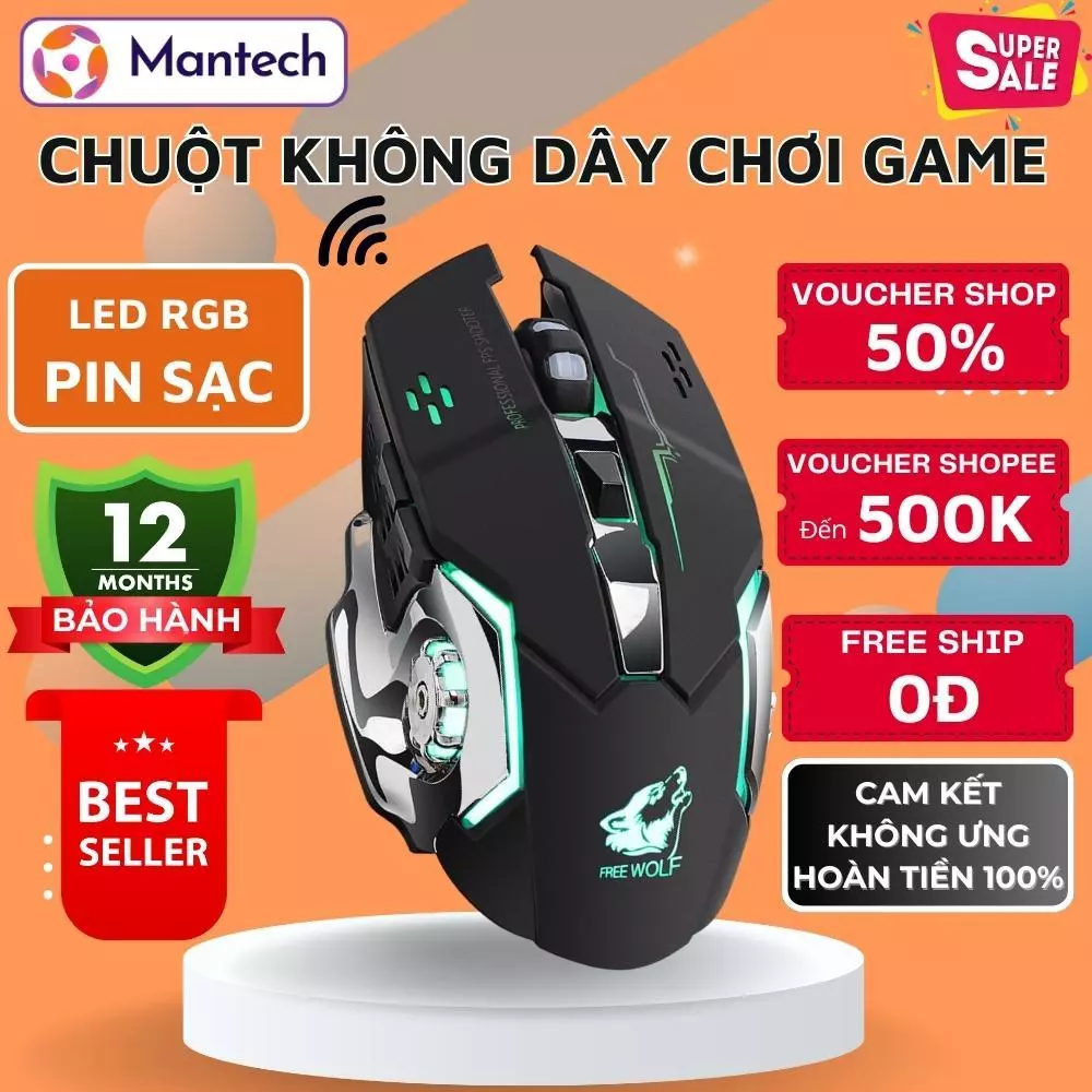 Chuột Không Dây Pin Sạc Chơi Game X8 Kết Nối USB 2.4Ghz, Pin Trâu Cảm Biến Quang Học Tần Số 1000Hz