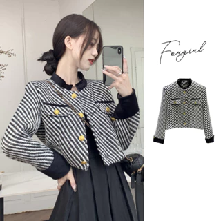 Áo dạ tweed khoác ngoài màu trắng đen Forgirl phối cúc đồng sang chảnh măc đi chơi T011