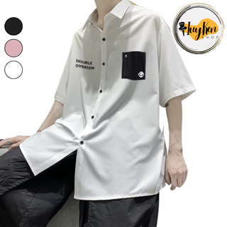 Áo sơ mi nam Unisex form rộng tay lỡ in chữ túi icon phối màu