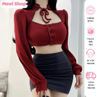 Áo croptop nữ tay dài cổ tàu viền ren khoét ngực Meei , Áo thun kiểu nữ chất gân tăm xịn xò phong cách tiểu thư -A301-