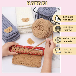 Bộ nguyên liệu đan khăn quàng cổ bằng khung, set nguyên liệu đan khăn len nhung - Phụ kiện đan túi HAVAKI (Có video)