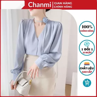 Áo sơ mi lụa nữ cổ V CHANMINU457 dài tay, áo lụa công sở cao cấp kiểu xếp ly vai tay bồng kèm phụ kiện hoa