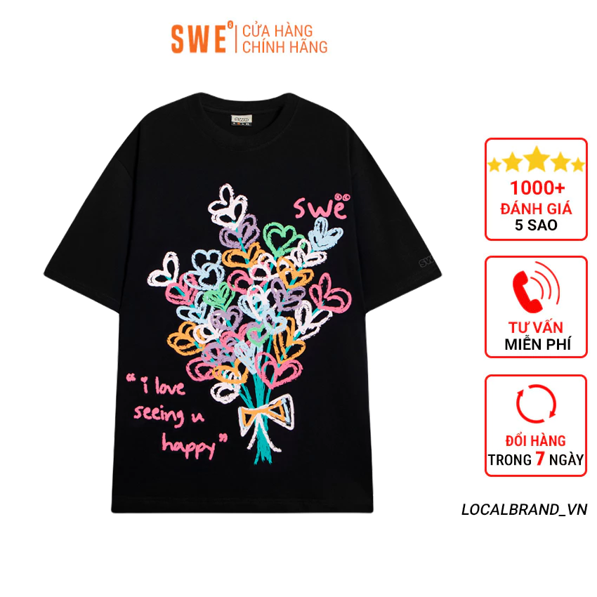 [LOCAL BRAND] Áo thun Swe Happy Tee tay lỡ form rộng vải cotton - Thời trang nam nữ Streetwear Hàn Quốc