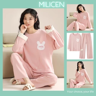 Bộ Đồ Ngủ Dài Tay MILICEN Màu Hồng Họa Tiết Thỏ Bộ Pijama Thu Đông Mã 1011